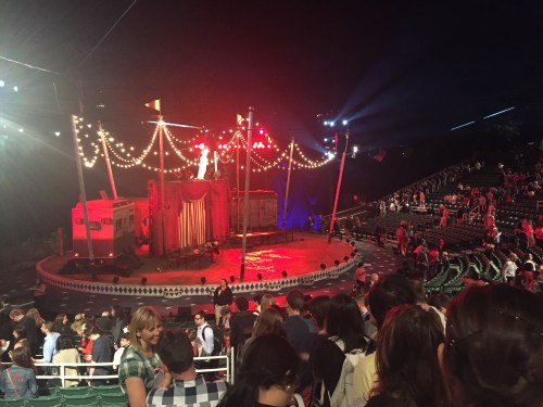 Central Park's Delacorte Theater, lit up after the show.